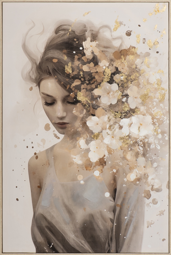 guldblommor i håret — handmålad akryl på duk, 80×120 cm