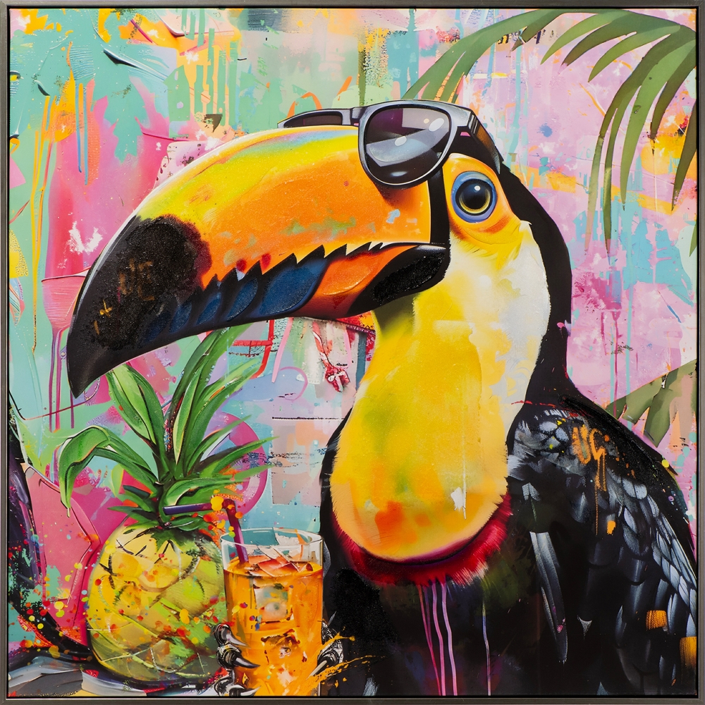 karibisk tukan — handmålad akryl på duk, 80×80 cm