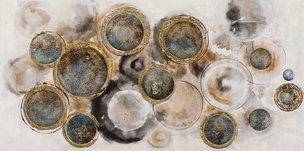 abstrakta cirklar i ljust — handmålad akryl på duk, 70×140 cm