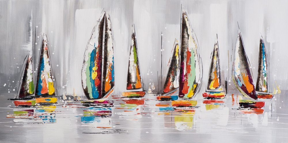 segelbåtar — handmålad akryl på duk, 70×140 cm