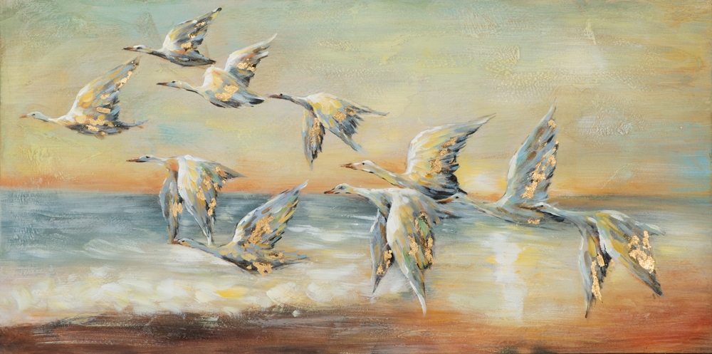 gäss på flykt söderut — handmålad akryl på duk, 70×140 cm