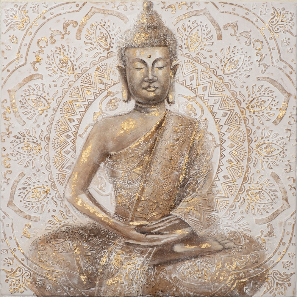 gyllene buddha — handmålad akryl på duk, 100×100 cm