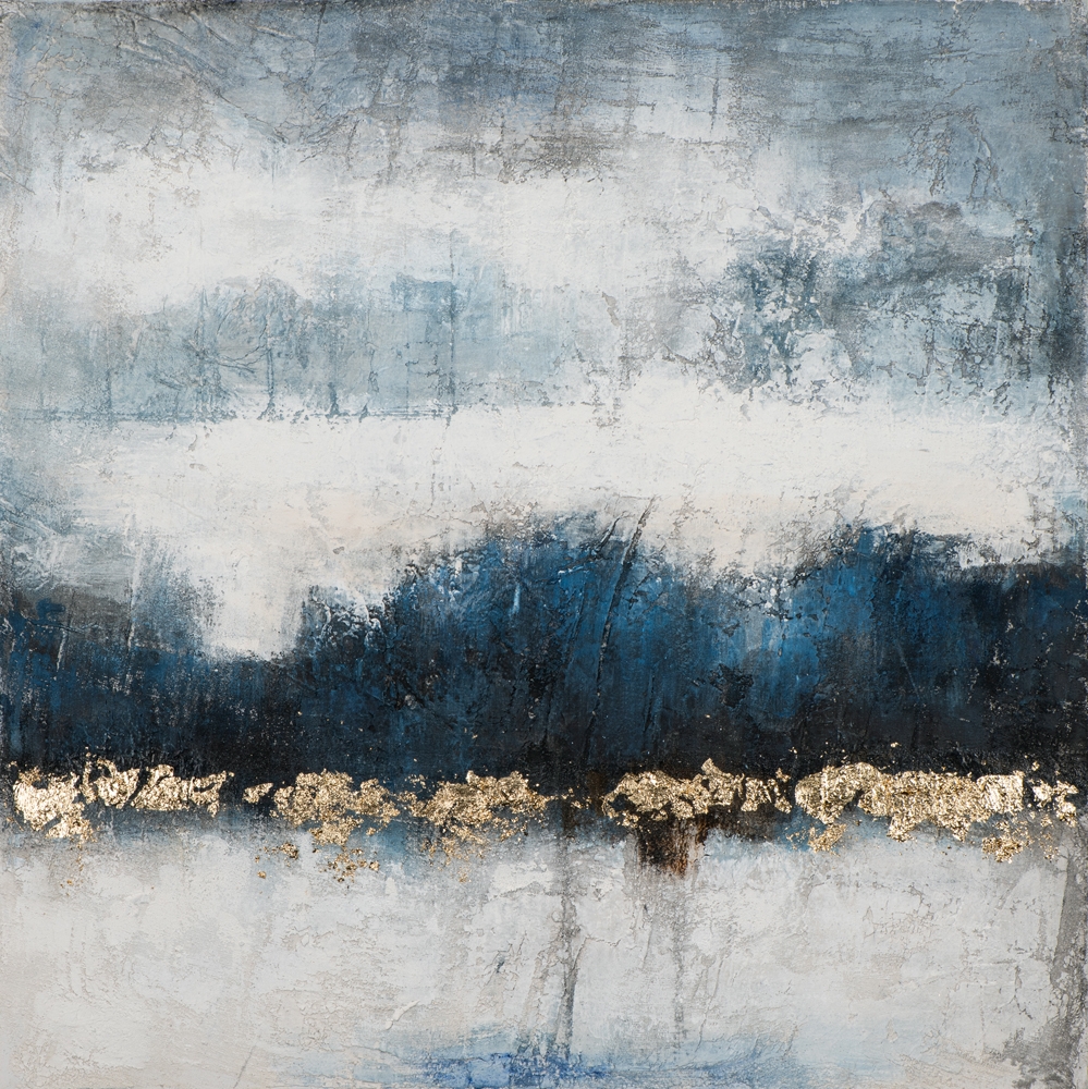 färgkomposition i mörkblått och guld — handmålad akryl på duk, 100×100 cm