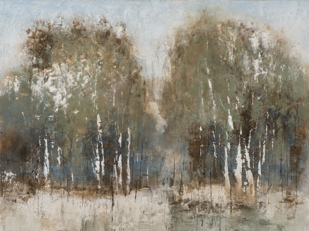 abstrakt björkskog — handmålad akryl på duk, 90×120 cm