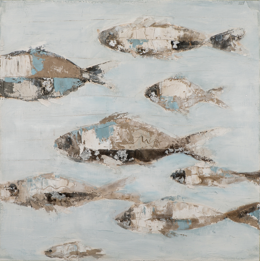 fiskstim i ljusblått — handmålad akryl på duk, 100×100 cm