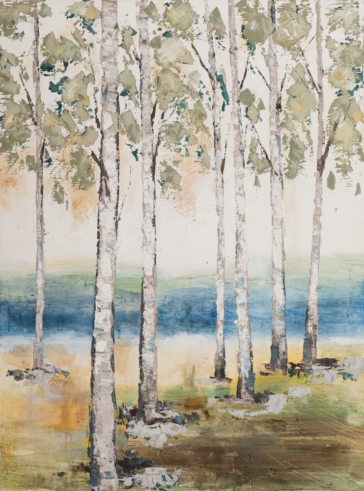 björkar vid bäcken — handmålad akryl på duk, 90×120 cm