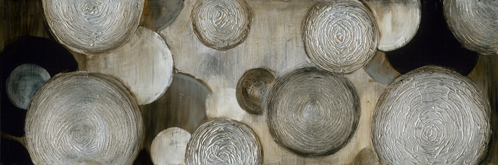 abstrakta cirklar i mörkt — handmålad akryl på duk, 50×150 cm