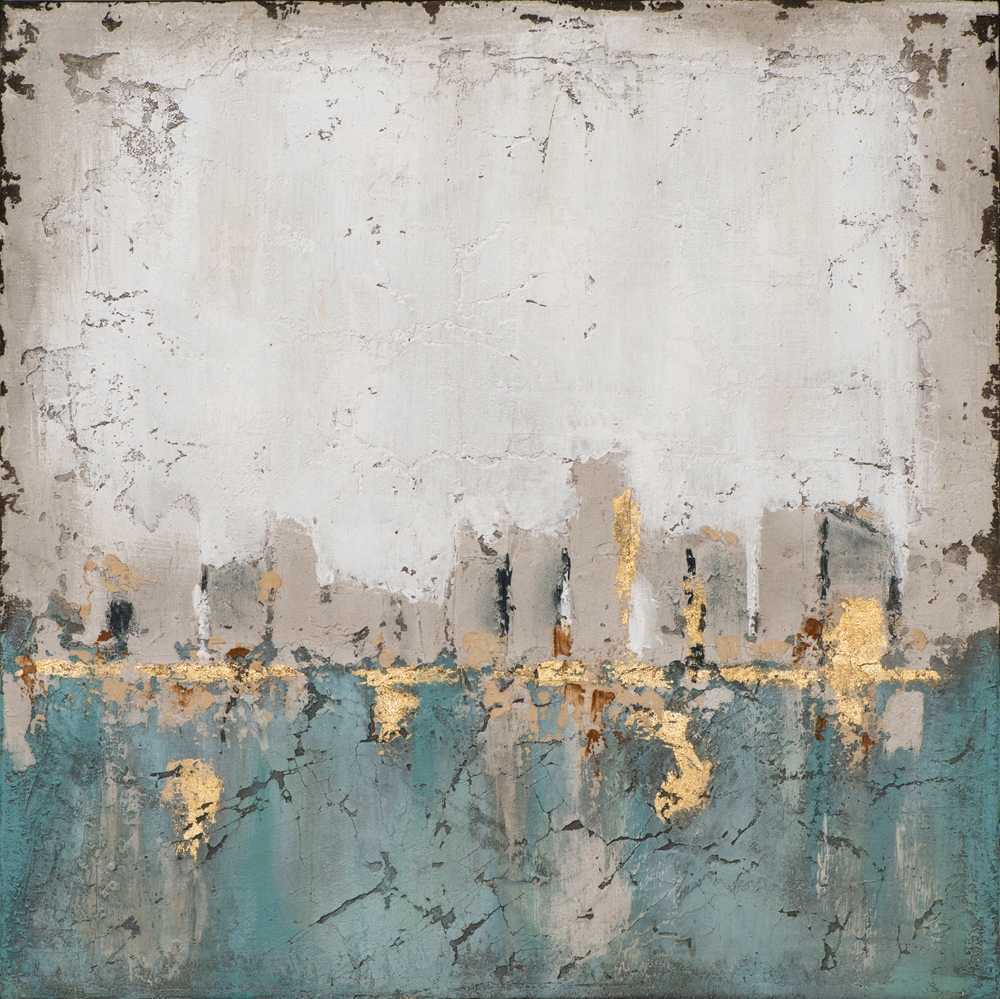 abstrakt skyline i turkos — handmålad akryl på duk, 70×70 cm