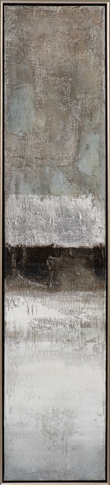 smala facetter i grå och silver — handmålad akryl på duk, 29×129 cm