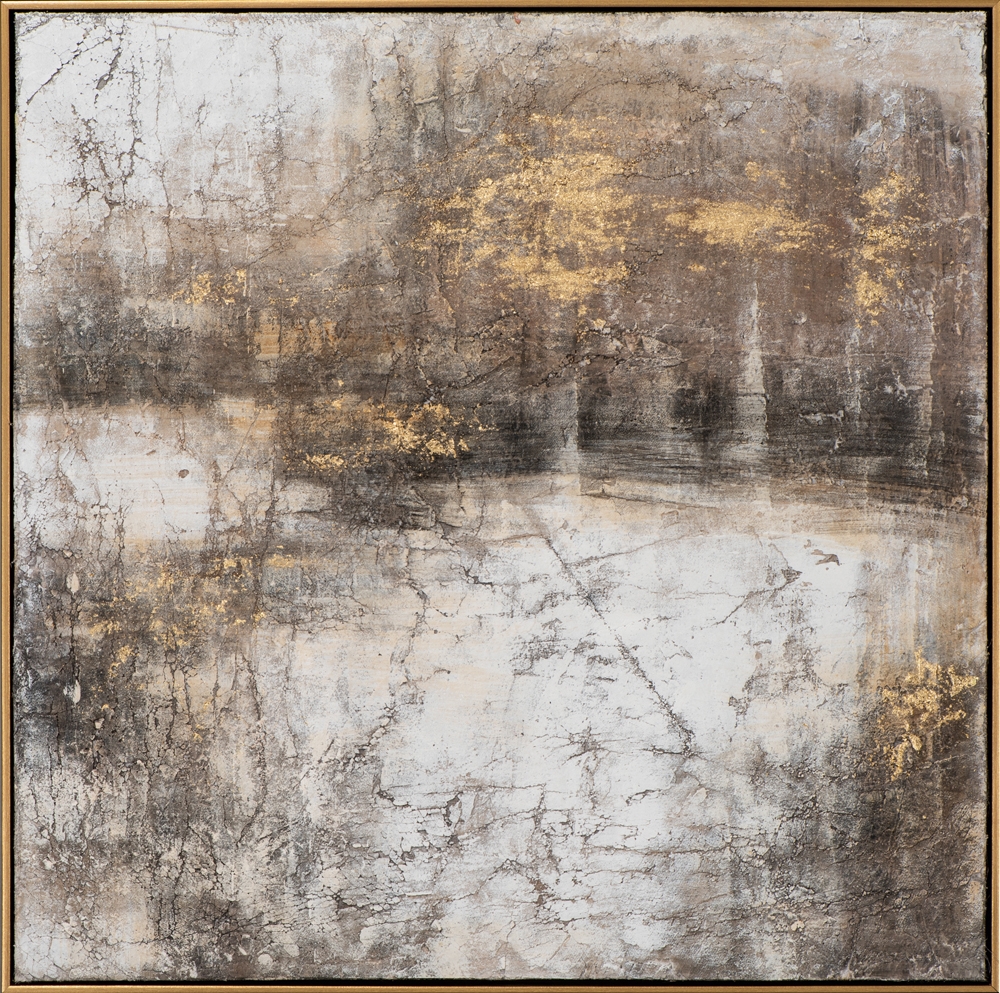 komposition med gyllene accenter — handmålad akryl på duk, 72×72 cm