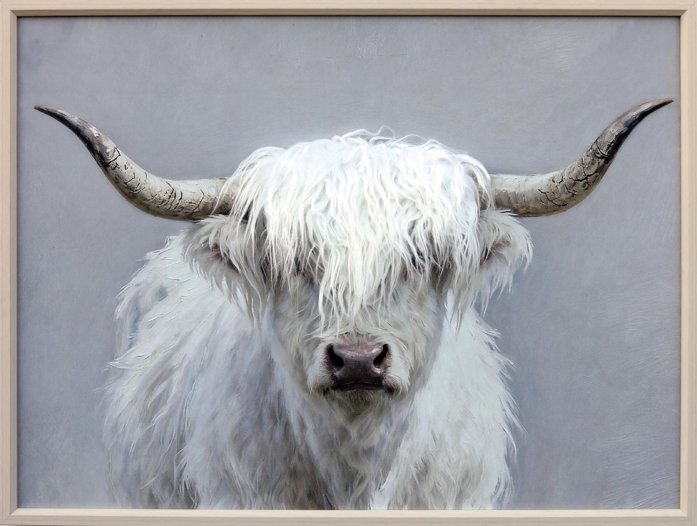 fluffig longhorn — handmålad akryl på duk, 60×80 cm