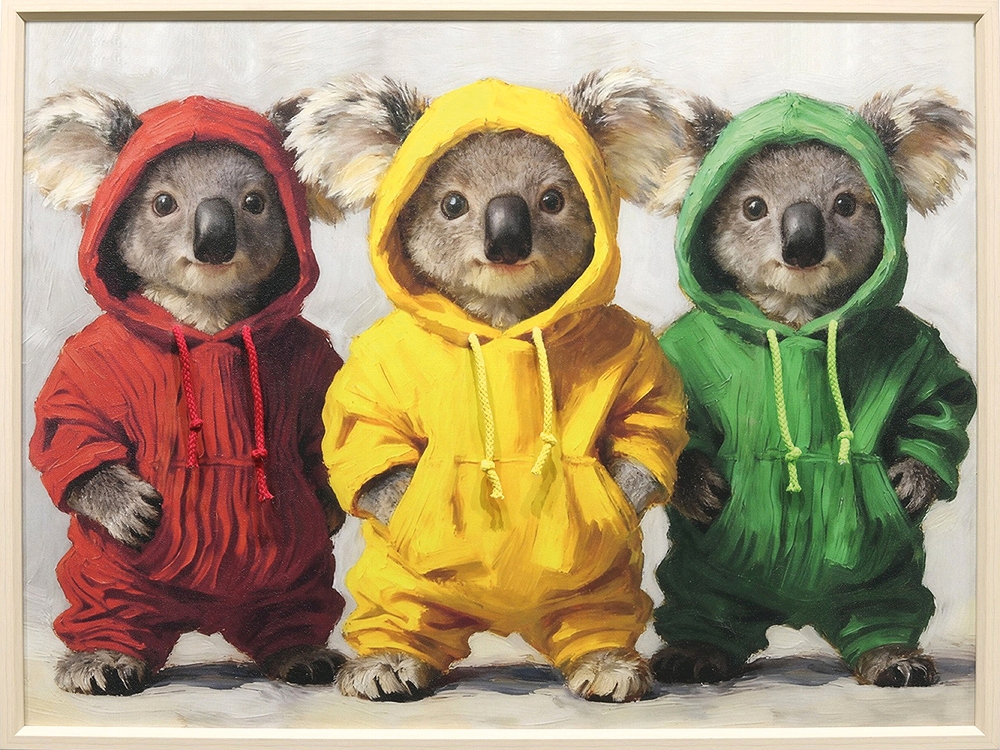 litet gäng i hoodie — handmålad akryl på duk, 60×80 cm