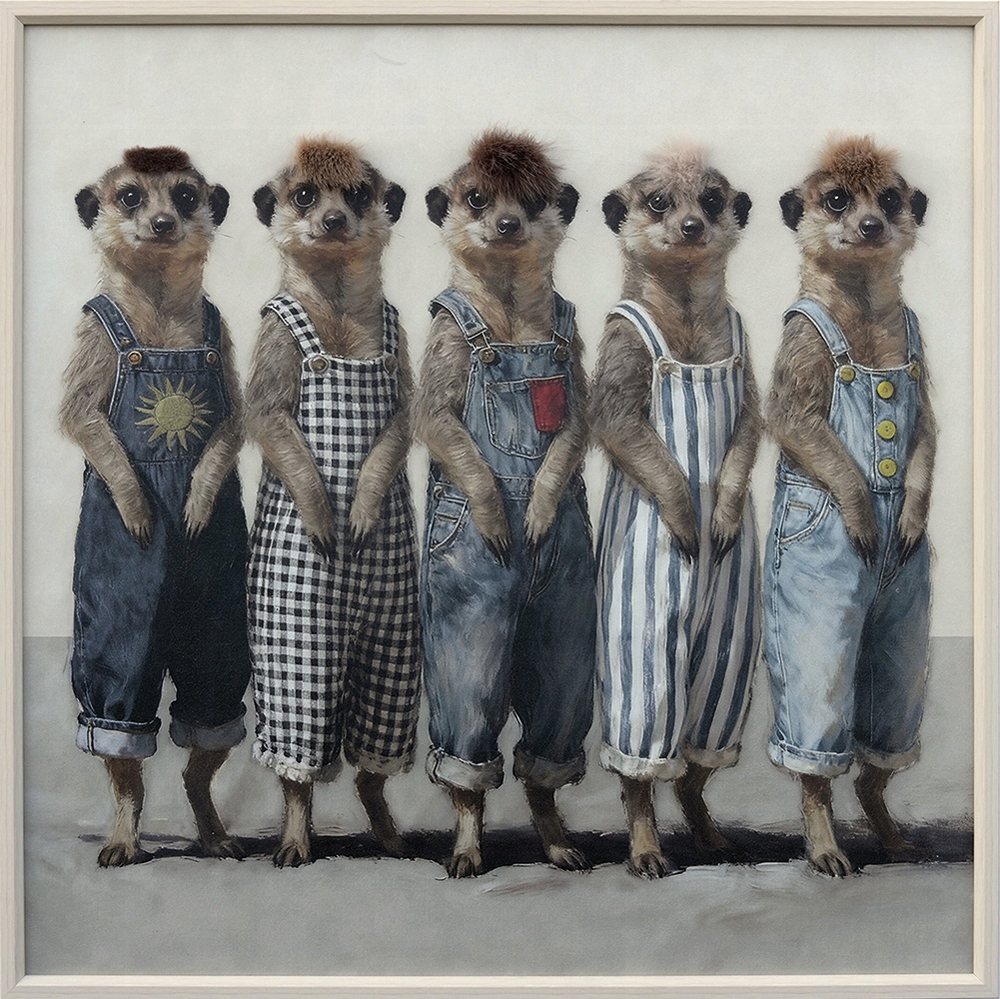 surikat på modevisning — handmålad akryl på duk, 80×80 cm