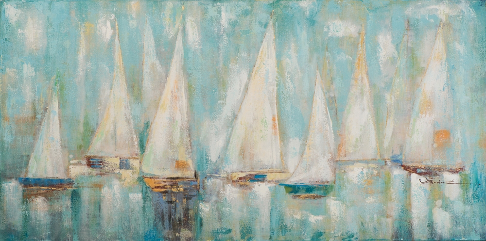 segelregatta — handmålad akryl på duk, 70×140 cm