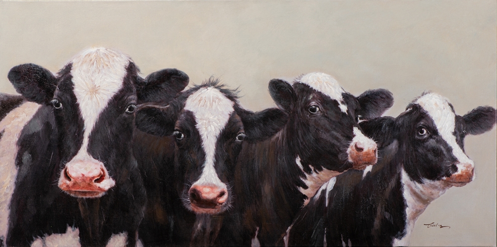 nyfikna kor — handmålad akryl på duk, 70×140 cm