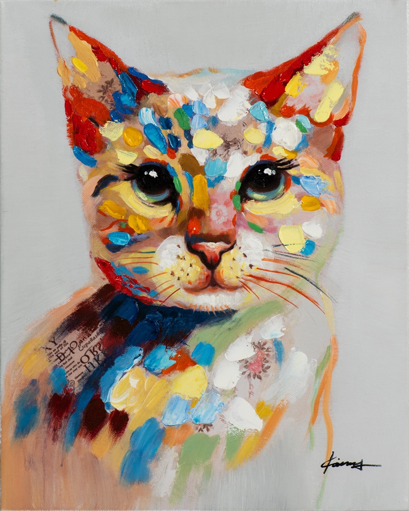 färgglad kattunge — handmålad akryl på duk, 40×50 cm
