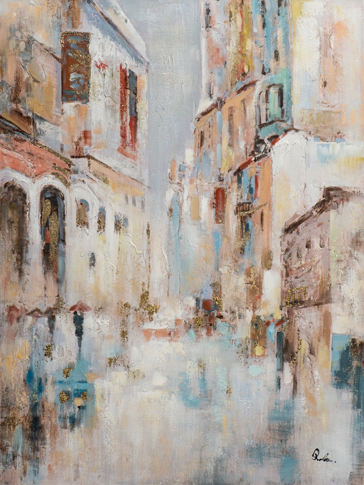 stadspromenad — handmålad akryl på duk, 90×120 cm