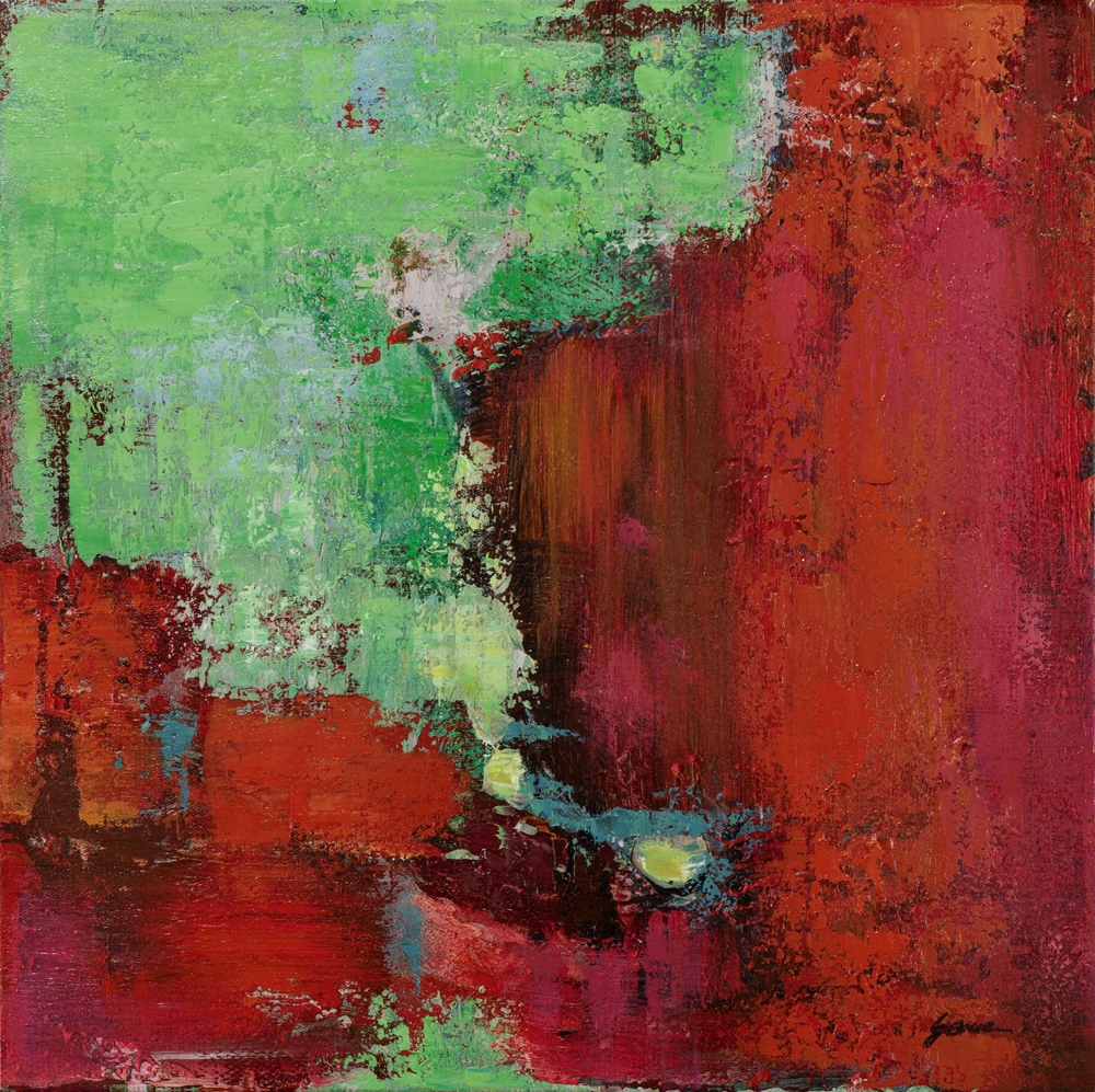 kontraster i rött och grönt — handmålad akryl på duk, 60×60 cm