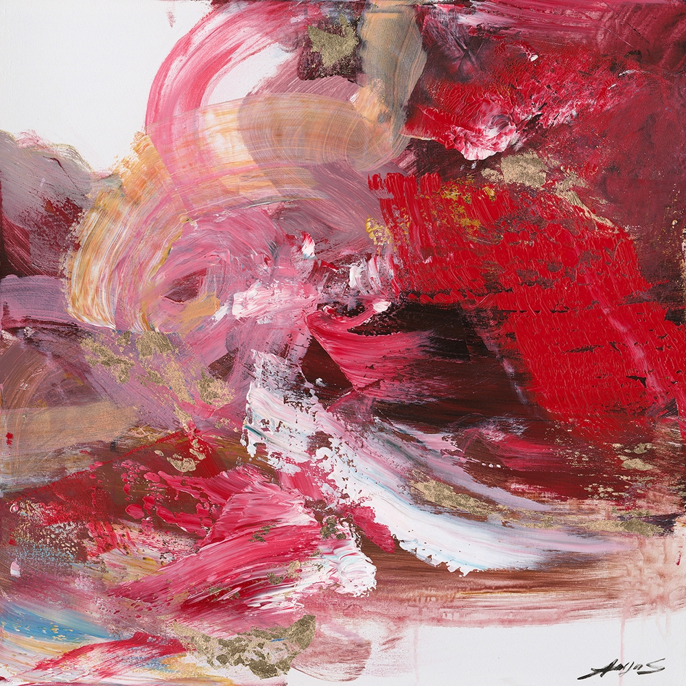svepande variationer i röd — handmålad akryl på duk, 80×80 cm