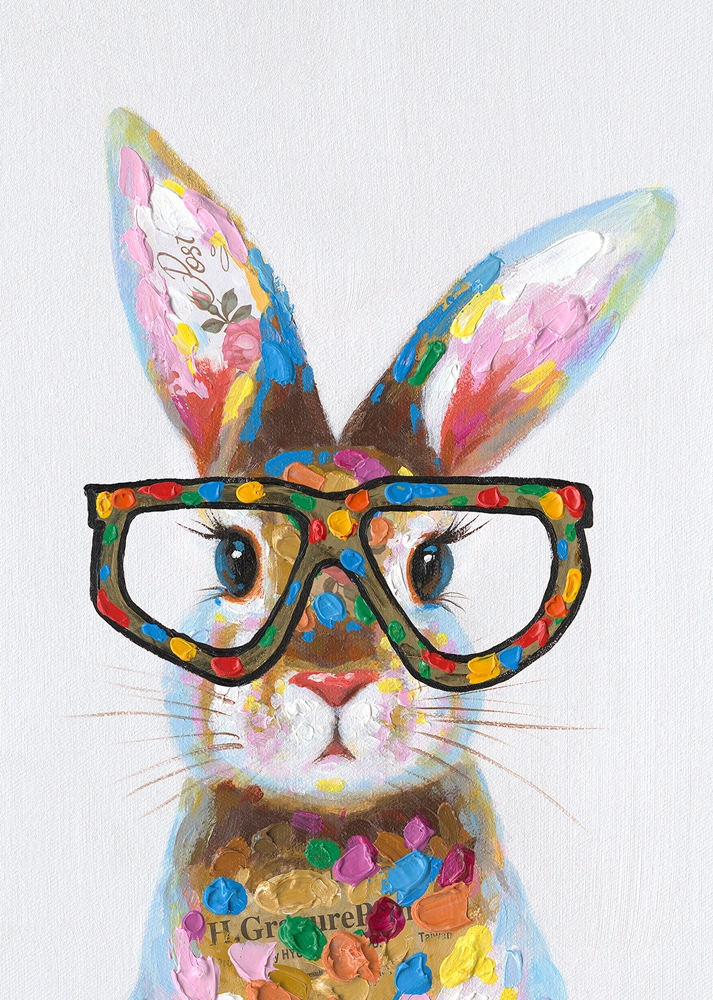 färgglad hare med glasögon — handmålad akryl på duk, 50×70 cm