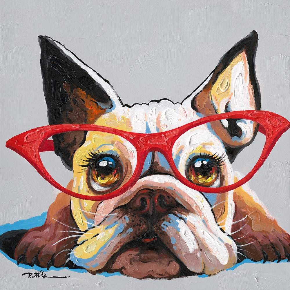 hund med röda glasögon — handmålad akryl på duk, 70×70 cm