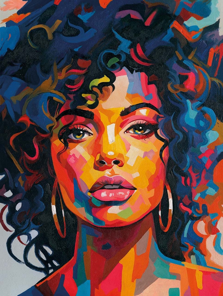 flicka i färg — handmålad akryl på duk, 90×120 cm