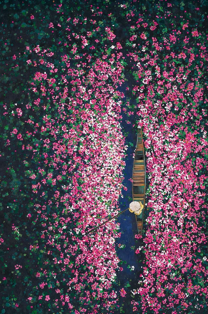 blomsterbåt — handmålad akryl på duk, 80×120 cm