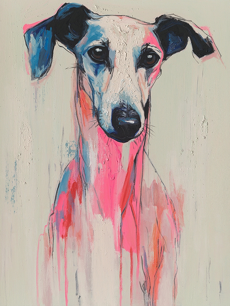 viskande vinthund — handmålad akryl på duk, 60×80 cm