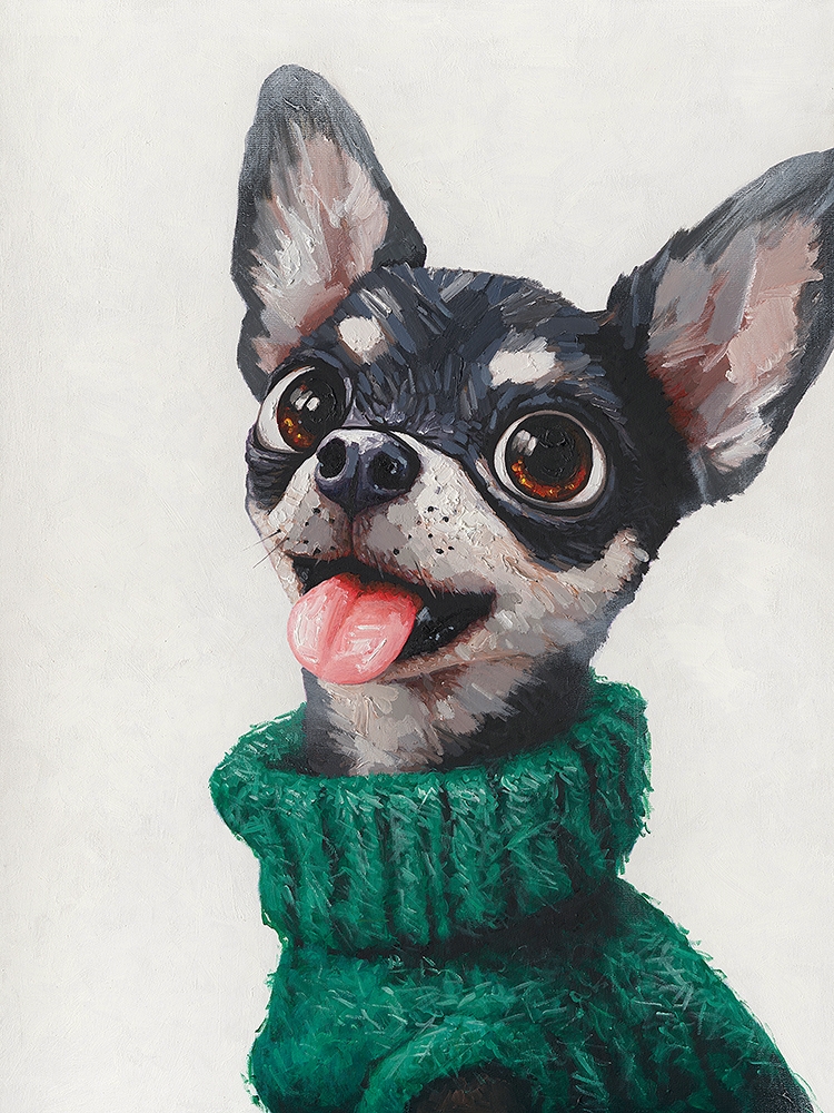 liten hund, stort drama — handmålad akryl på duk, 30×40 cm
