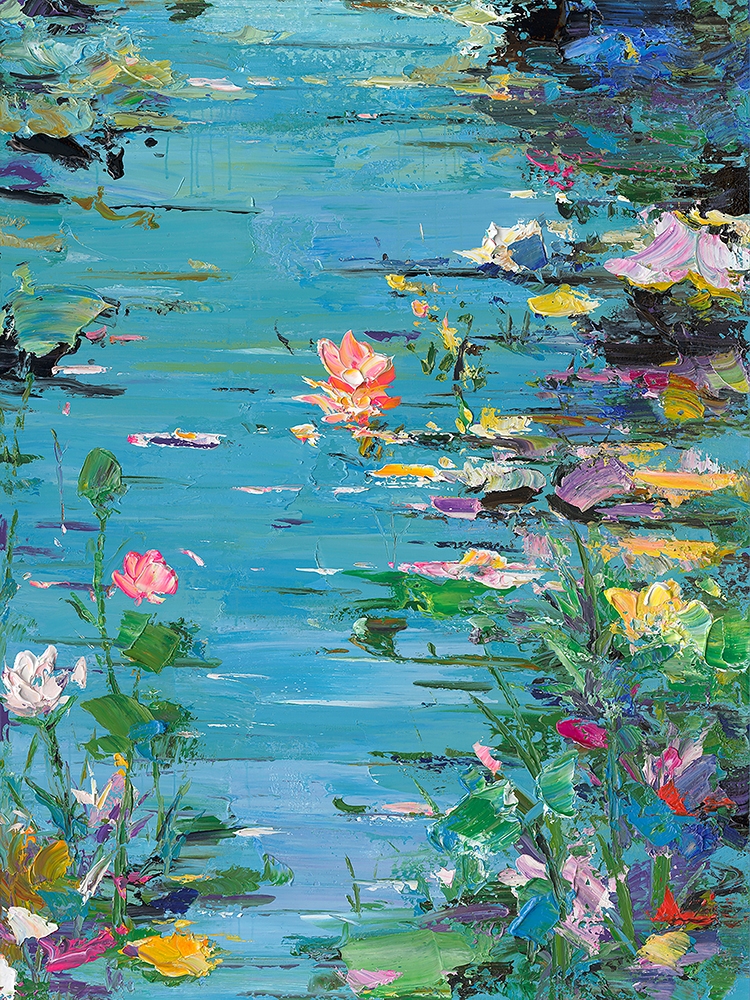 blommande vatten — handmålad akryl på duk, 90×120 cm