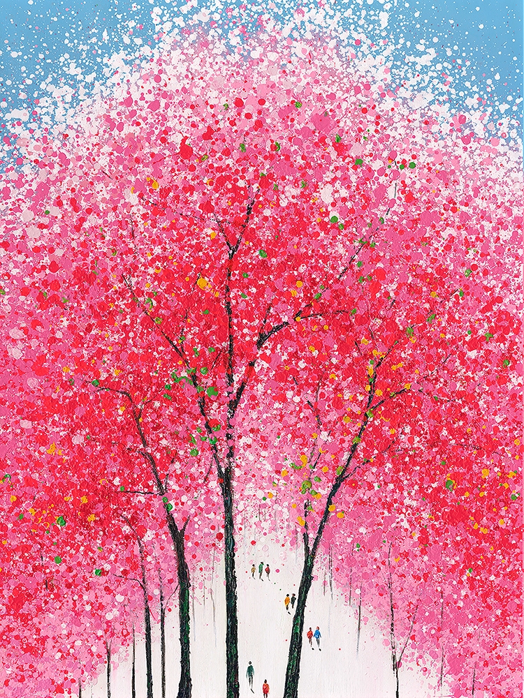 körsbärsblom i glöd — handmålad akryl på duk, 90×120 cm
