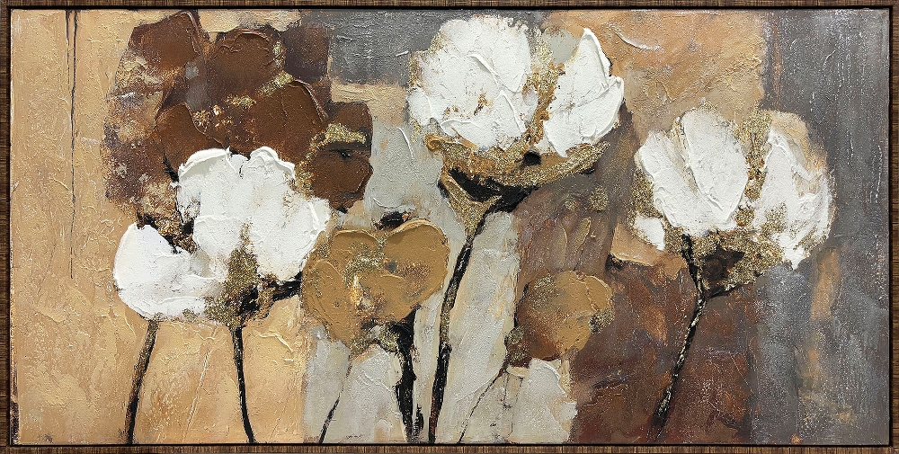 gyllene bomullsblommor — handmålad akryl på duk, 70×140 cm