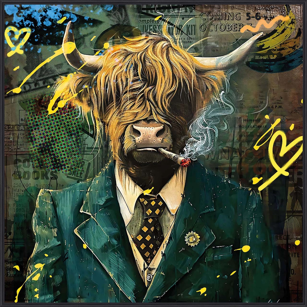 tjuren som gentleman — handmålad akryl på duk, 80×80 cm