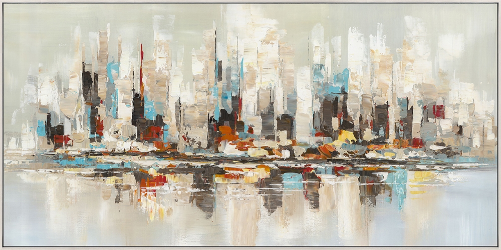orange & teal skyline — handmålad akryl på duk, 70×140 cm