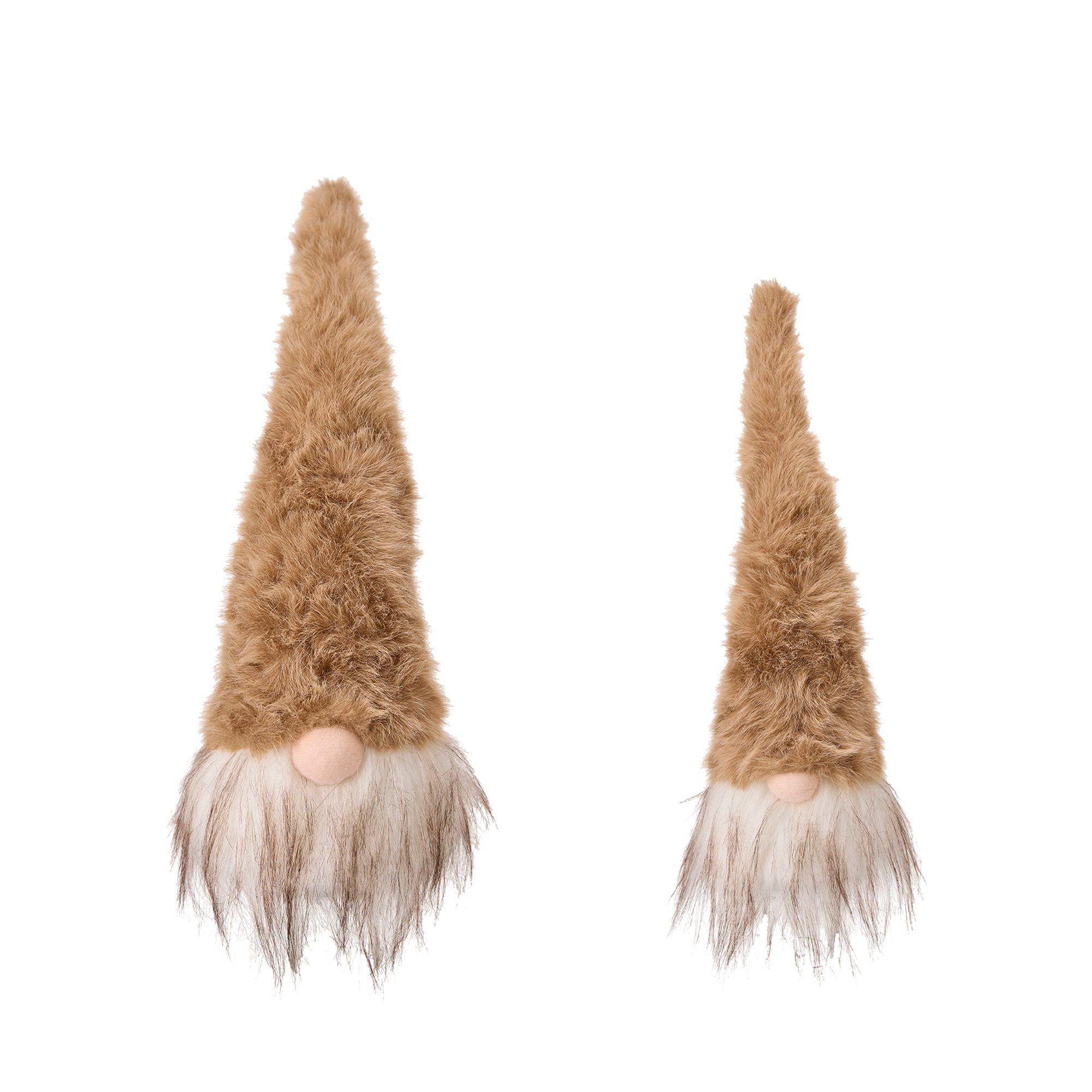 brun tomte med hög spetsig mössa och långt skägg, visad framifrån