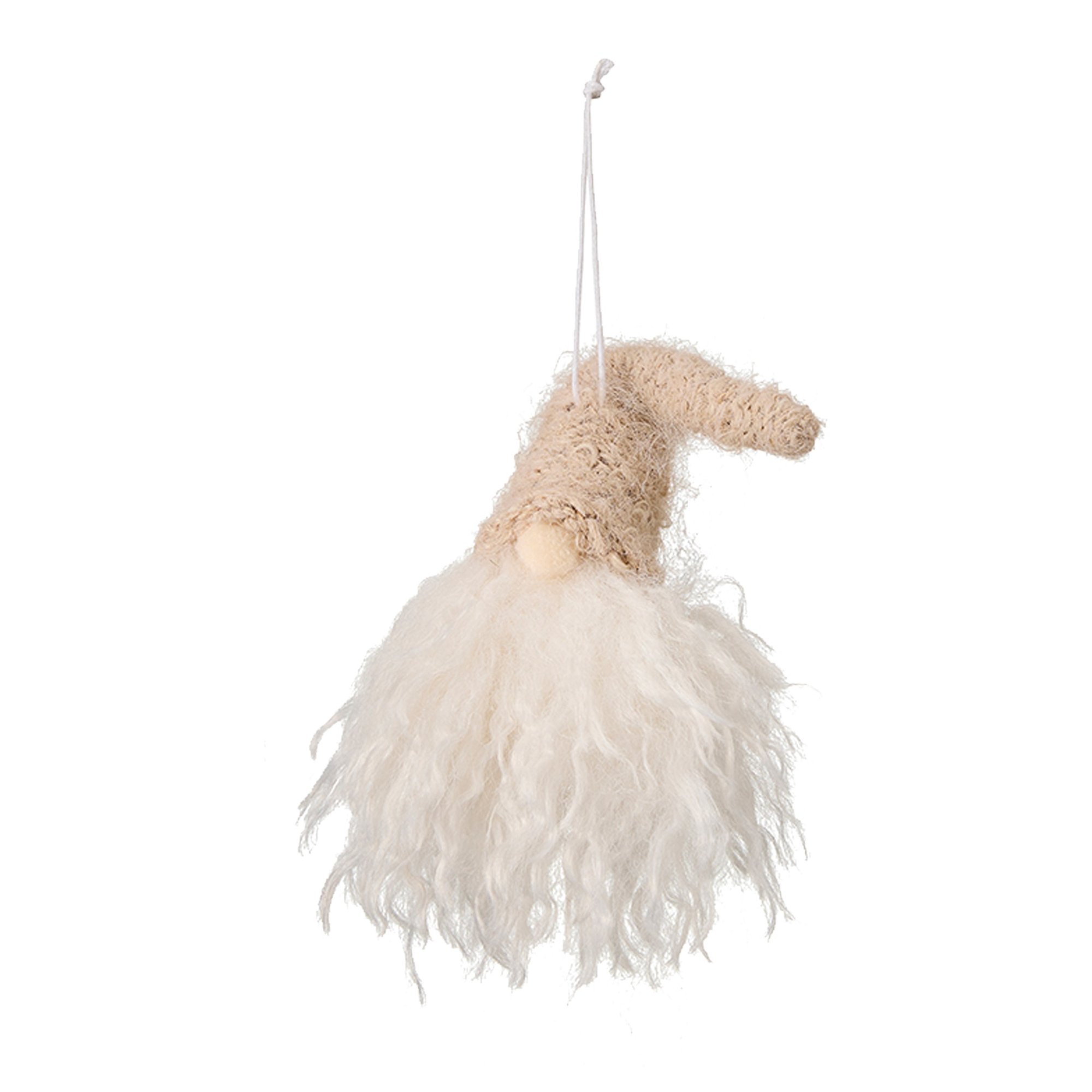 hängande tomte i beige med spetsig mössa, lång vit skäggdekoration och upphängningssnöre