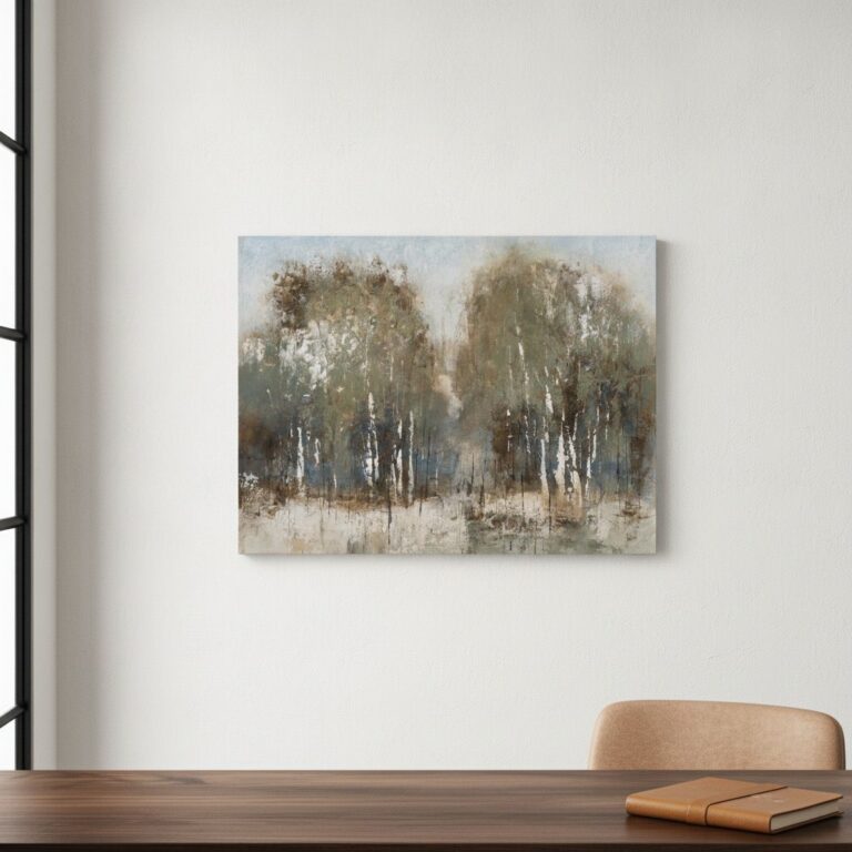 Abstrakt björkskog — handmålad akryl på duk, 90×120 cm