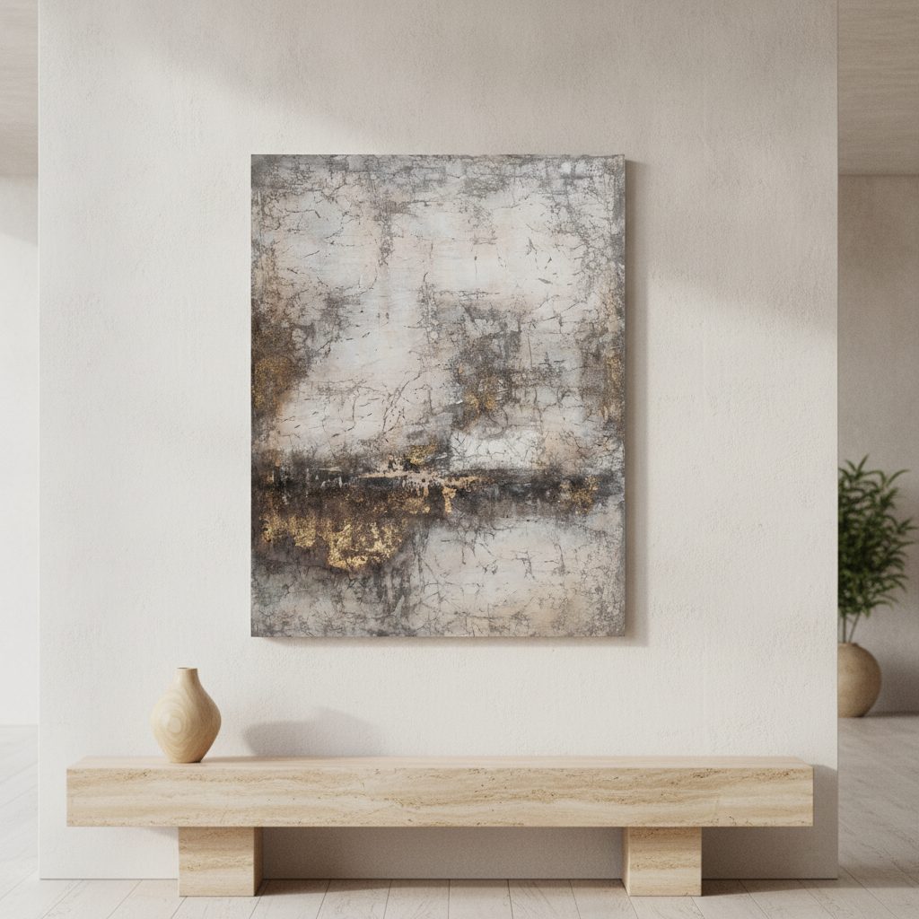 abstrakt färgkomposition i beige — handmålad akryl på duk, 115×150 cm