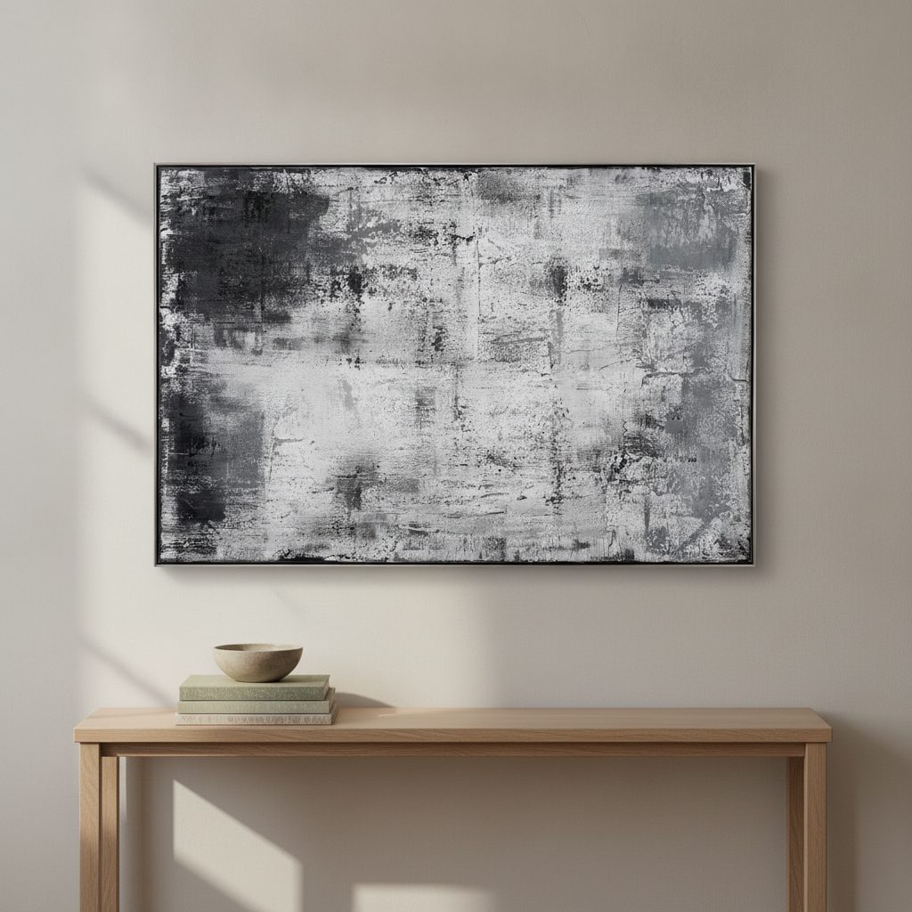 abstrakt i svart och vit — handmålad akryl på duk, 102,5×152,5 cm