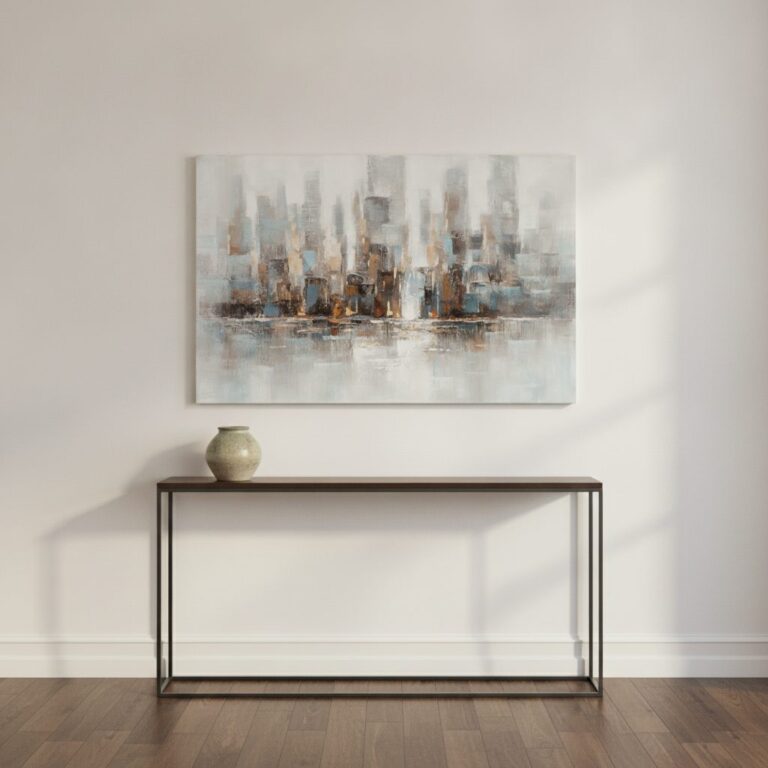 Abstrakt skyline — handmålad akryl på duk, 80×120 cm