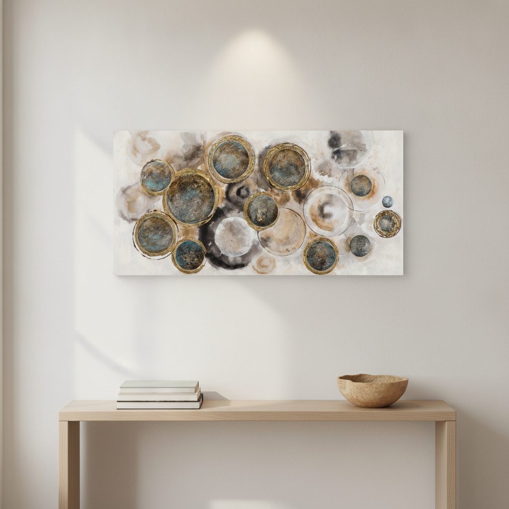 abstrakta cirklar i ljust — handmålad akryl på duk, 70×140 cm