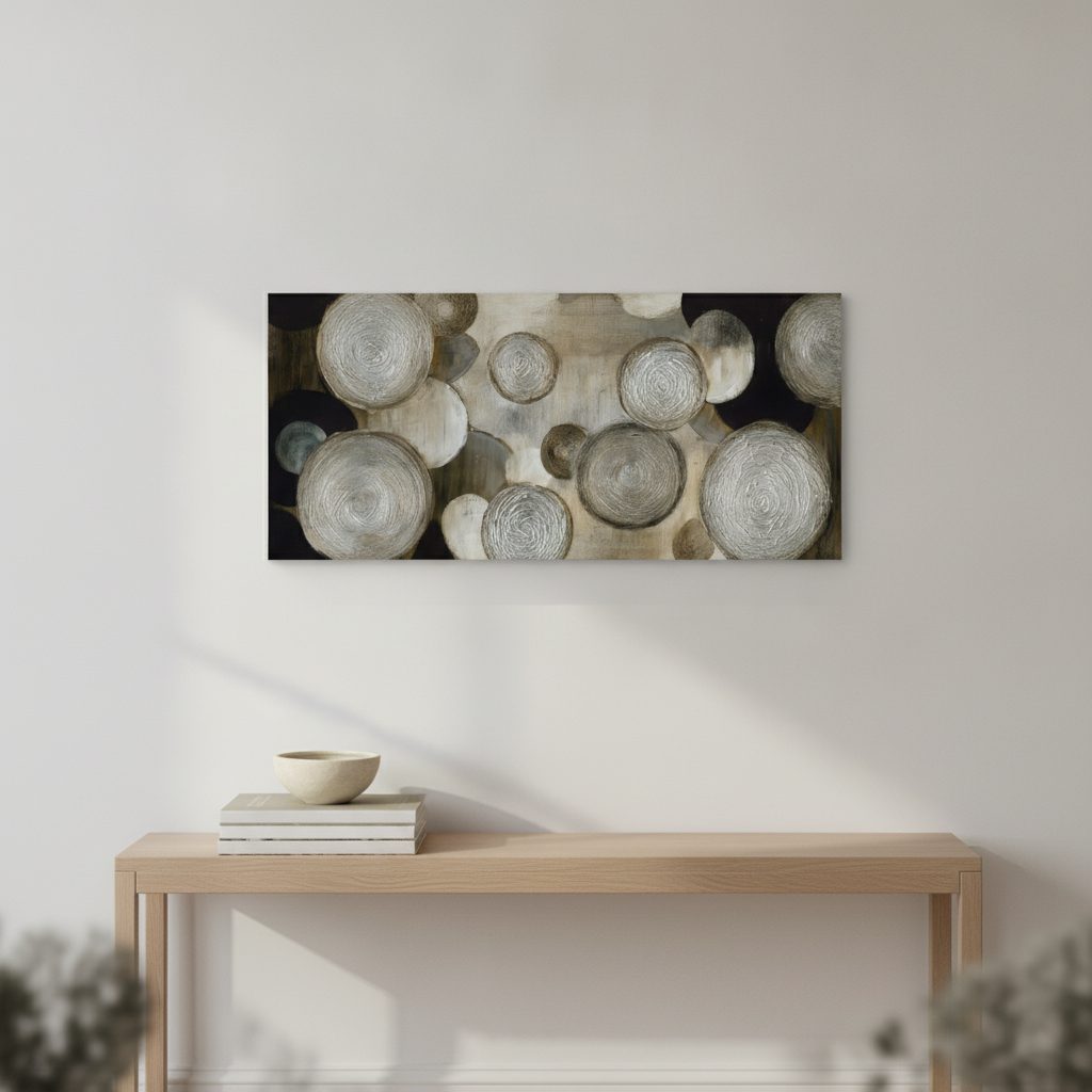 abstrakta cirklar i mörkt — handmålad akryl på duk, 50×150 cm