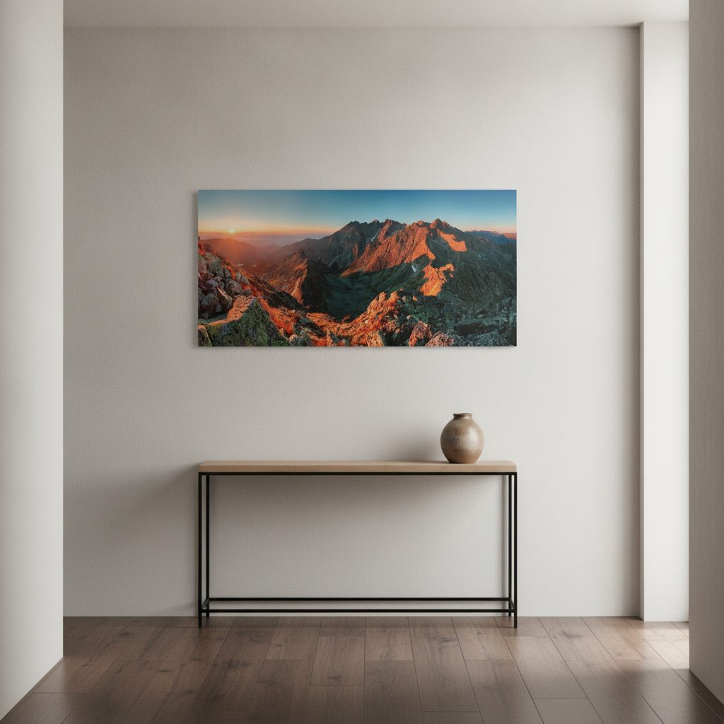 berg i soluppgång — tryck på aluminium, 66×140 cm