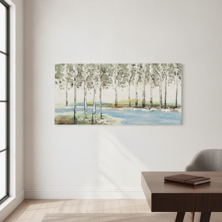 Björkar vid bäcken — handmålad akryl på duk, 70×140 cm