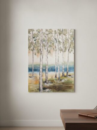 Björkar vid bäcken — handmålad akryl på duk, 90×120 cm