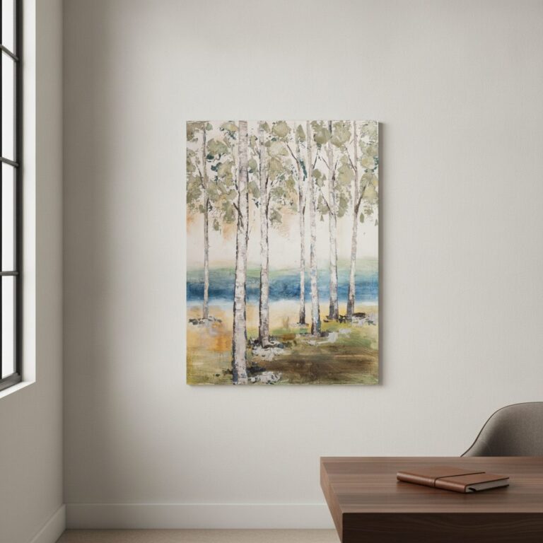 Björkar vid bäcken — handmålad akryl på duk, 90×120 cm