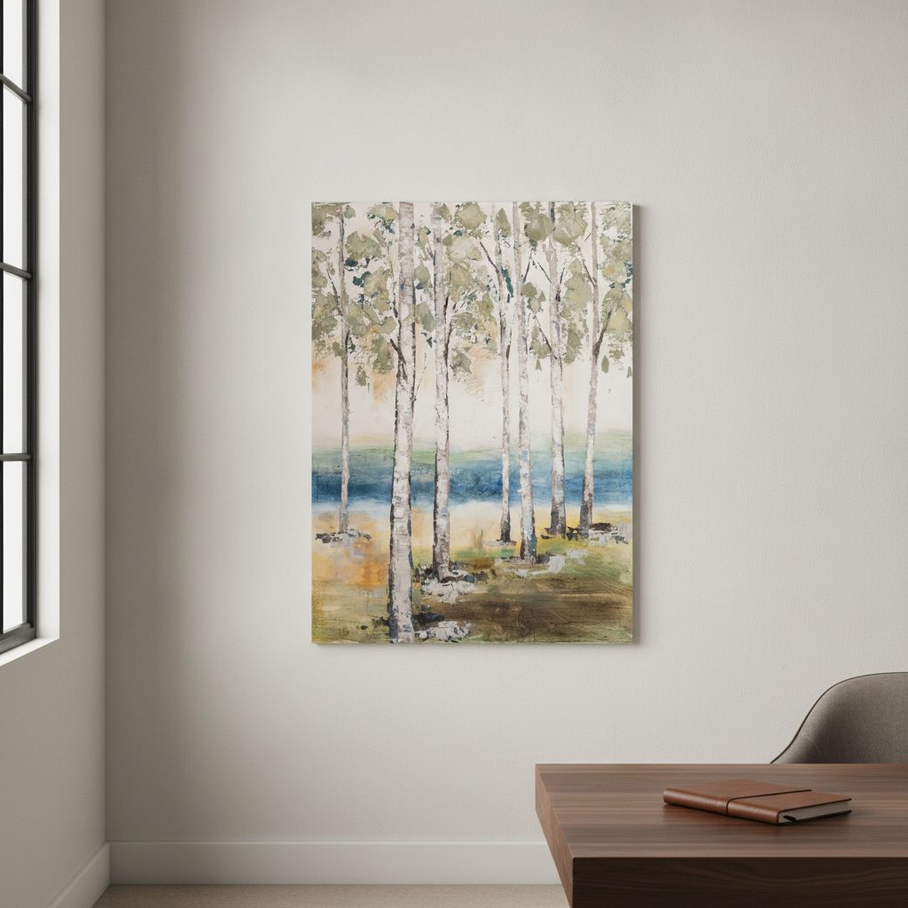 björkar vid bäcken — handmålad akryl på duk, 90×120 cm