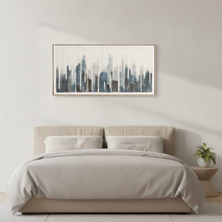 Blå skyline — handmålad akryl på duk, 60×120 cm
