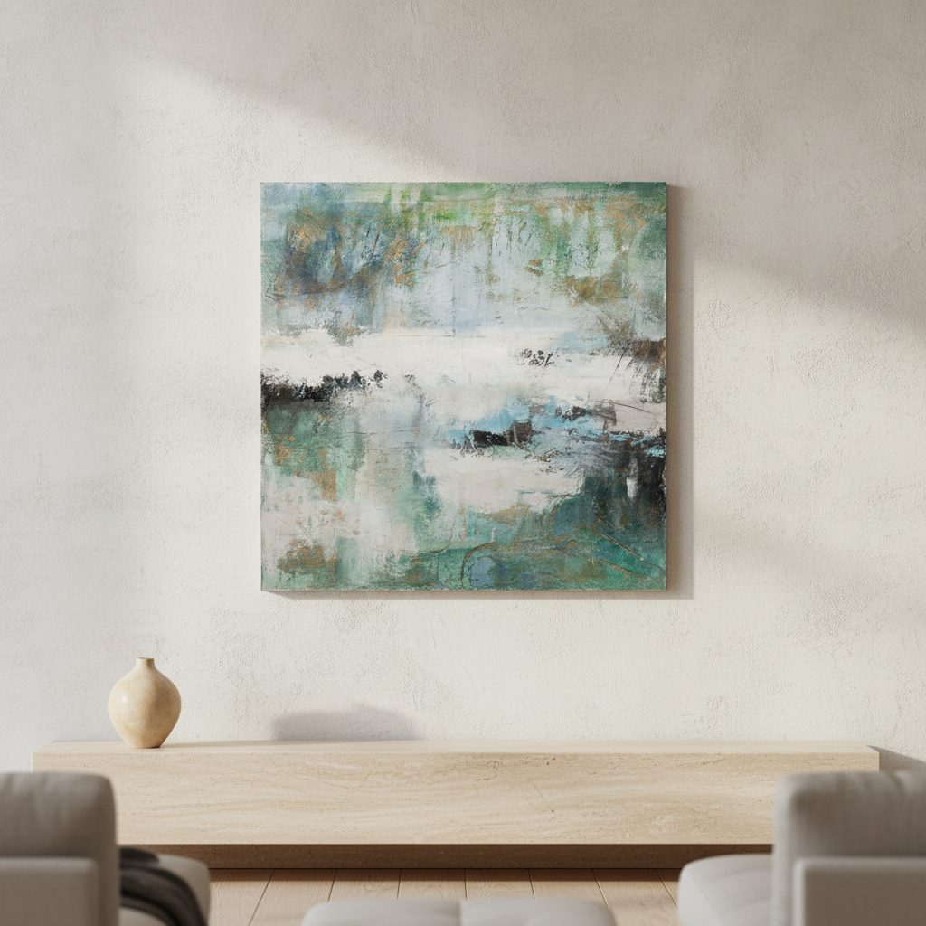 blågrön harmoni — handmålad akryl på duk, 100×100 cm