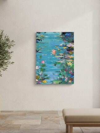 Blommande vatten — handmålad akryl på duk, 90×120 cm